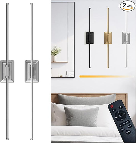 Battery Operated Wireless Wall Sconce - Modern Rechargeable Led Sconces in Black Gold Silver - Bedroom Decor Lights Set of 2 - Long Indoor Living Room Bathroom Remote Wall Light
