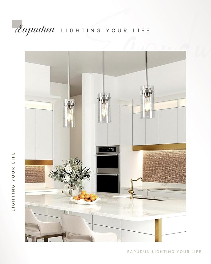 EAPUDUN Pendant Lights Kitchen Island (3 Pack), Clear Glass Shade Kitchen Lighting fixtures Ceiling Hanging, Black Pendant Lights for Kitchen Island,Dining Room,Corridor Bedroom E26 Base