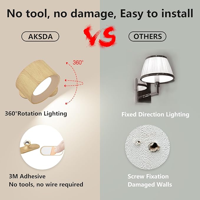 AKSDA Battery Operated Wall Light, LED Wall Sconce with 3 Color Modes, 3 Brightness Levels, 360 Rotation, Touch Control, Cordless Wall Lamp for Bedroom, Reading, Bedside - 1 Pack