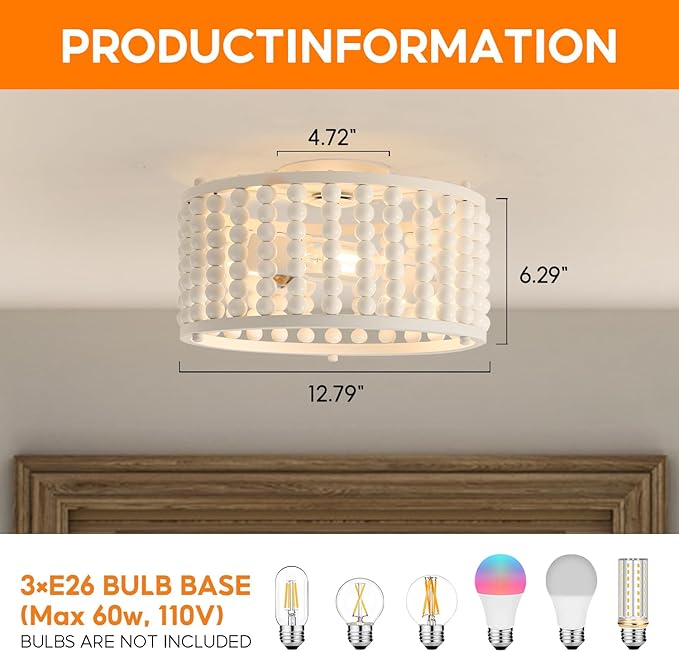 Luupyia White Beaded Boho Ceiling Light 3Lights, 12.79inches Wooden Bead Ceiling Light Fixture Mini Bohemian Chandelier Coastal Semi Flush Mount Overhead Lighting for Bedroom Hallway, E26