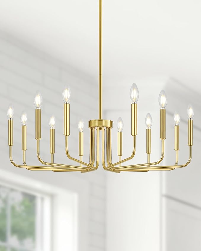 Yunnix 12-Light Gold Chandelier, 35" Extra Large Modern Gold Chandelier Brushed Gold Chandelier Light Fixture - Gold Farmhouse Chandelier for Dining Room, Living Room, Kitchen Island, Hall, Foyer