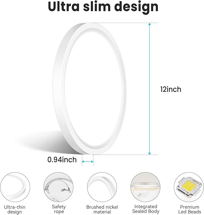 libtit 12 inch Flush Mount LED Ceiling Light Fixture, 3000K 4000K 6500K Adjustable, 28W 3200lm White Round Lighting Fixtures for Bathroom Shower Hallway Kitchen, 4 Pack