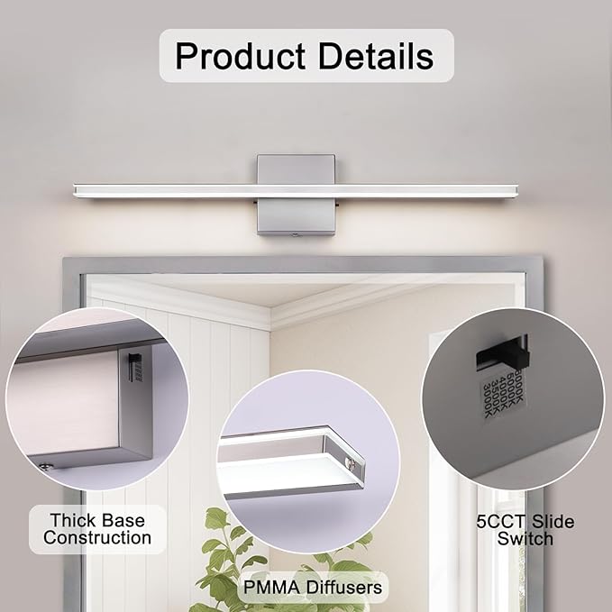 LED Modern Bathroom Light Fixtures 18W Brushed Nickel Vanity Lights Bar 5CCT Dimmable ixture Over Mirror Vanity Light for Bathroom Lighting 23.6 inch