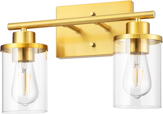 EDISHINE Bathroom Light Fixtures, 2-Light Gold Bathroom Vanity Light, Modern Wall Sconces with Clear Glass Shades for Powder Room, Vanity Table, Mirror, Kitchen (E26 Base)