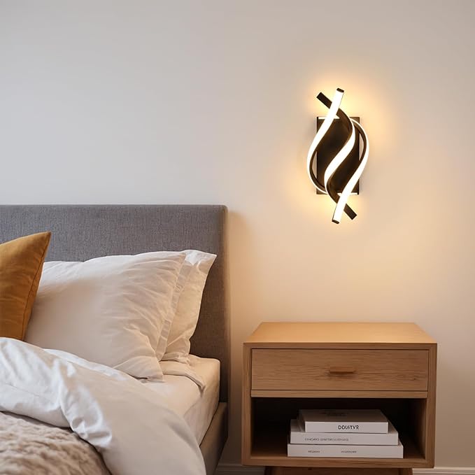 DELIPOP Wall Sconces, Spiral Modern LED Wall Sconce Lighting, 21W 3000K Warm Light Indoor Wall Light Fixtures, Acrylic LED Wall Lamp for Bedroom Bathroom Living Room Hallway Balcony (Black)