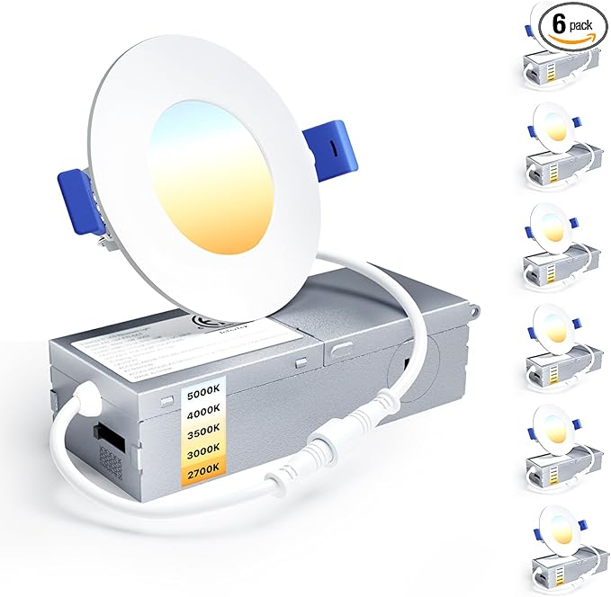 Ensenior 6 Pack 3 Inch LED Recessed Light, Dimmable, 2700K-5000K 5CCT, 500LM High Brightness, 6W 120V, Damp Rated, Ultra-Thin Canless Wafer Light - ETL & FCC & IC