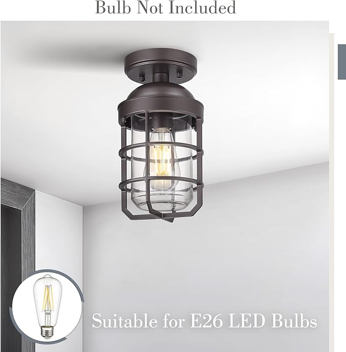 Emliviar 2 Pack Classic Ceiling Lamps for Porch, Semi Flush Mount Ceiling Light Fixtures with Clear Tempered Glass Shade in Oil Rubbed Bronze Finish, GE255LF-2PK ORB