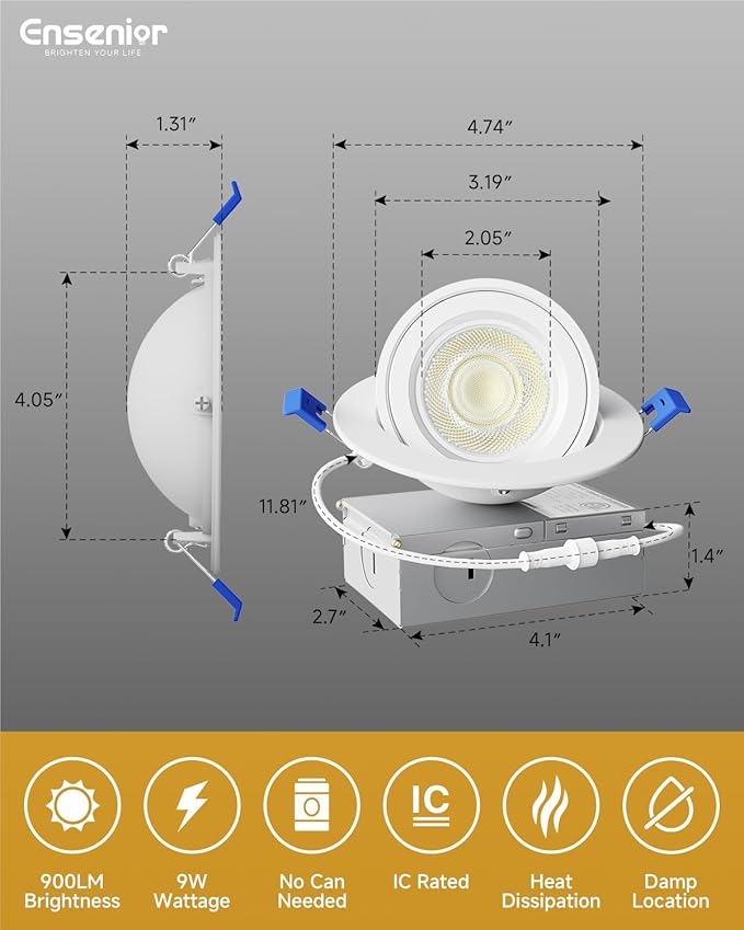 Ensenior 6 Pack 4 inch LED Gimbal Led Recessed Light with Junction Box, 2700K-5000K 5CCT, 360°+90° Adjustable Directional Eyeball Lighting, Dimmable, CRI90+, 900LM, 9W=85W, 120V-ETL&FCC
