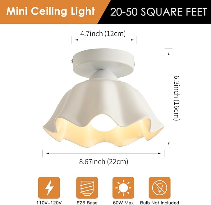 2 Pack Semi Flush Mount Ceiling Light - Flower Glaze Ceramic, White Vintage Hallway Light Fixtures, Milk Glass Ceiling Lights, Mid Century Small Light Fixture for Cottage Entryway Laundry Room Foyer