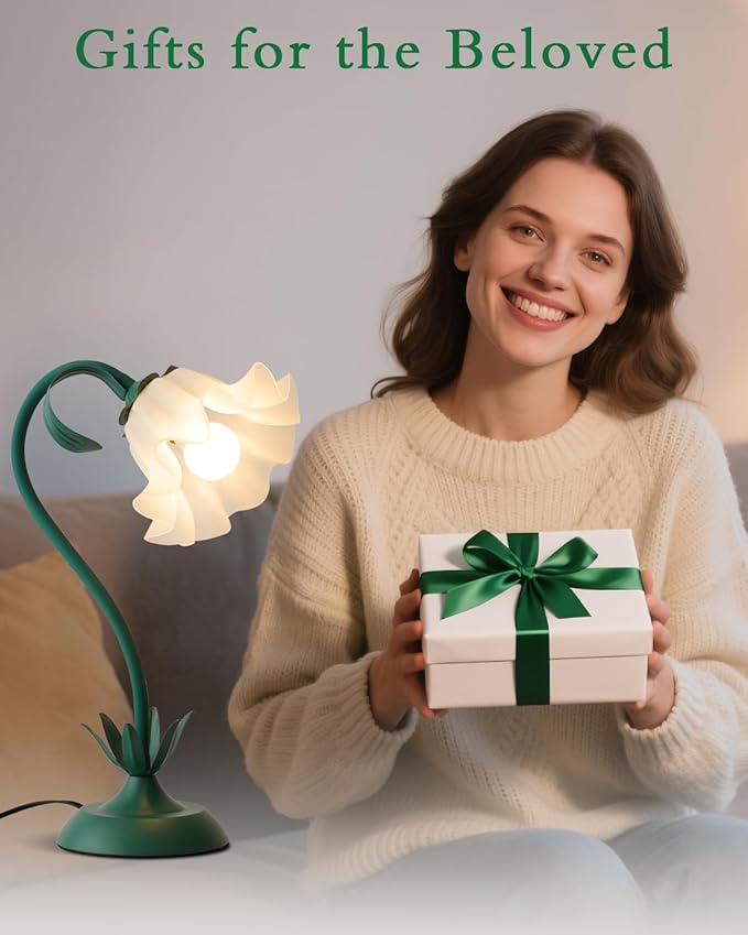 WERFOP Flower Table Lamp, Cute LED Reading Bedside Night Light, 3 Color Modes Vintage Desk Lamp, Kawaii Aesthetic Decor for Dorm Bedroom Living Room (Dark Green)