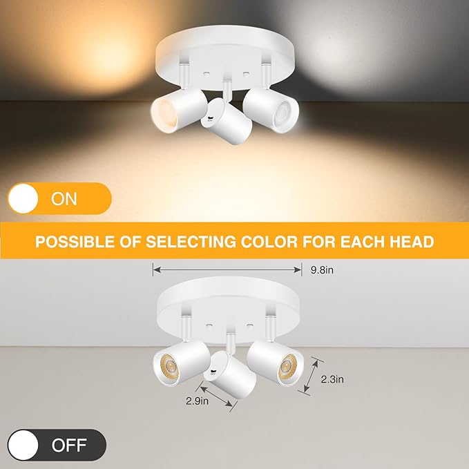 VANoopee 5 Color 3 Light LED Ceiling Spot Light Indoor Flush Mount Directional Adjustable Spotlight Fixtures Close to Ceiling for Kitchen Hallway Modern LED Track Lighting Kit Dimmable 30W Matte White