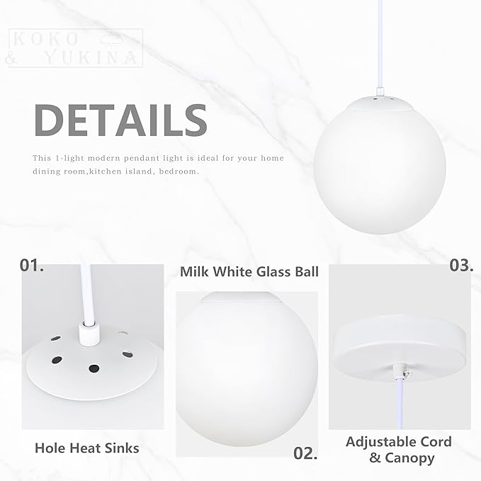 KoKo&Yukina 8 Inch Globe Pendant Light White Globe Pendant Lights Kitchen Island Mid Century Light Fixture with Milky White Glass Shade Adjustable Cluster Lights for Dining Room Living Room