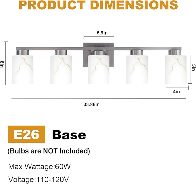 5-Light Bathroom Light Fixtures, Modern Vanity Lights, Brushed Nickel Metal Wall Lamp with White Marble Glass for Bathroom, Mirror, Living Room, Bedroom, Cabinet, Porch, Hallway, E26 Base