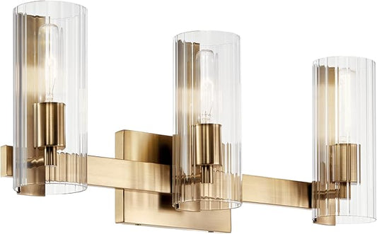 Kichler Jemsa 3-Light Bathroom Vanity Light Fixture with Clear Fluted Glass in Champagne Bronze for Modern Bathroom or Powder Room Wall Lighting (9.75 x 22.75 in), 55168CPZ
