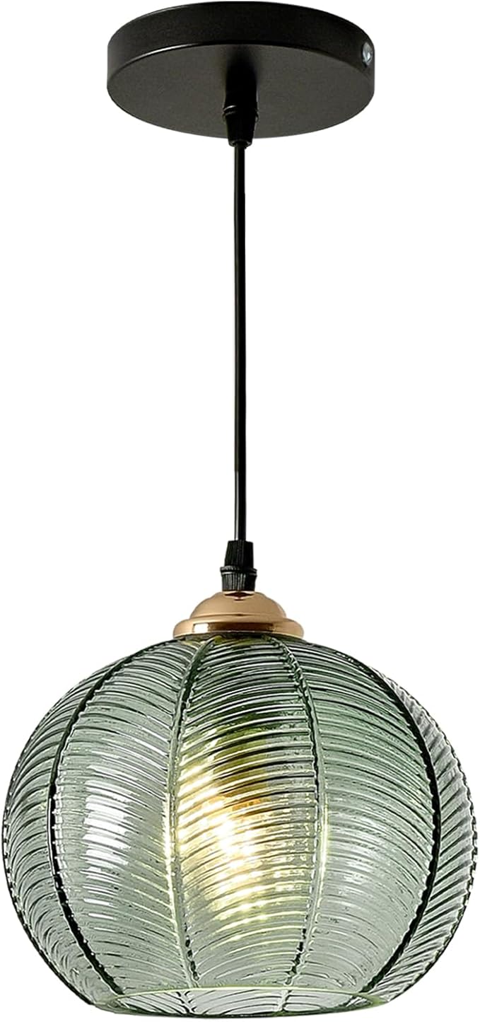 Green Pendant Light 7.8" Glass Globe Pendant Lighting Vintage Pendant Light Kitchen Island Lights Ceiling Hanging Ribbed Glass Chandelier Light Fixture for Dining Room Living Room Bedroom