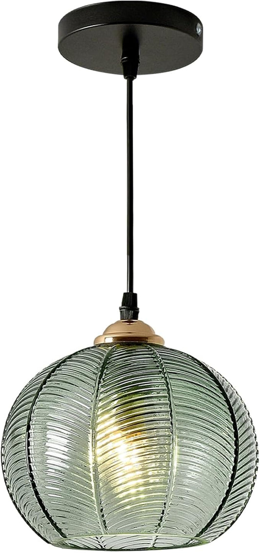 Green Pendant Light 7.8" Glass Globe Pendant Lighting Vintage Pendant Light Kitchen Island Lights Ceiling Hanging Ribbed Glass Chandelier Light Fixture for Dining Room Living Room Bedroom