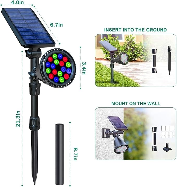 Solar Spot Lights Outdoor, 9 Color Modes, 18 LED Spotlight, 600LM Landscape Lights, Solar Powered for Garden, Yard, Driveway, Tree, Christmas, Halloween Decor (4 Pack)