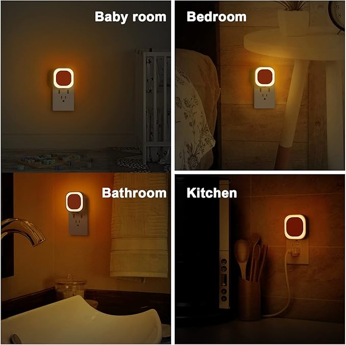 YUNLEX 4 Pack Amber Night Light, Dusk to Dawn Sensor, Warm Glare-Free Reflected Glow, 3-Level Dimmer, Auto On/Off, Plug-in LED Nightlight for Bedroom, Kids, Bathroom, Sleep, Baby Nursery, Toddler