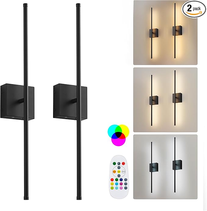 KARTOOSH 32.2 Inch 9 RGB Color Battery Operated Wireless Wall Sconces Set of Two, with Remote, Dimmable, Warm/Natural White/Daylight, Rotatable, LED Wall Light for Living Room, Bedroom, Black