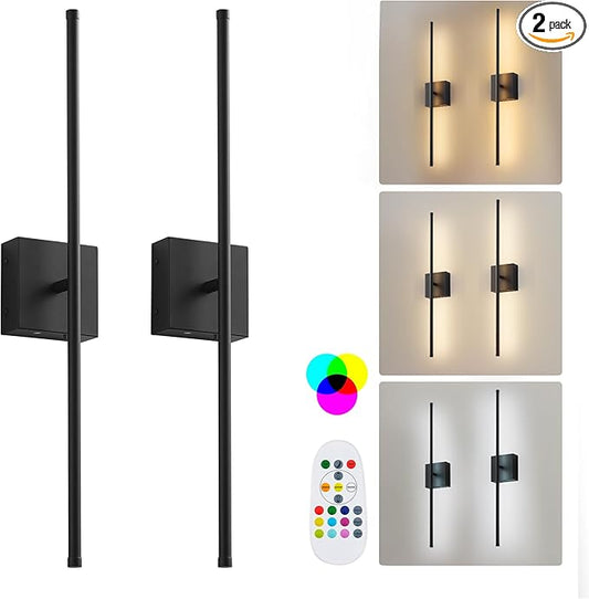KARTOOSH 28.3 Inch 9 RGB Color Battery Operated Wireless Wall Sconces Set of Two, with Remote, Dimmable, Warm/Natural White/Daylight, Rotatable, LED Wall Light for Living Room, Bedroom, Black