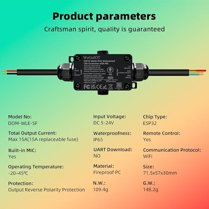 Waterproof ESP32 WLED Controller with Mic , Project for Pool Boat Landscape Outdoor Lights IP65 Dynamic RGB IC DIY Lighting WiFi APP Control for WS2812B DC5-24V RGBW LED Controller (1 Channel)