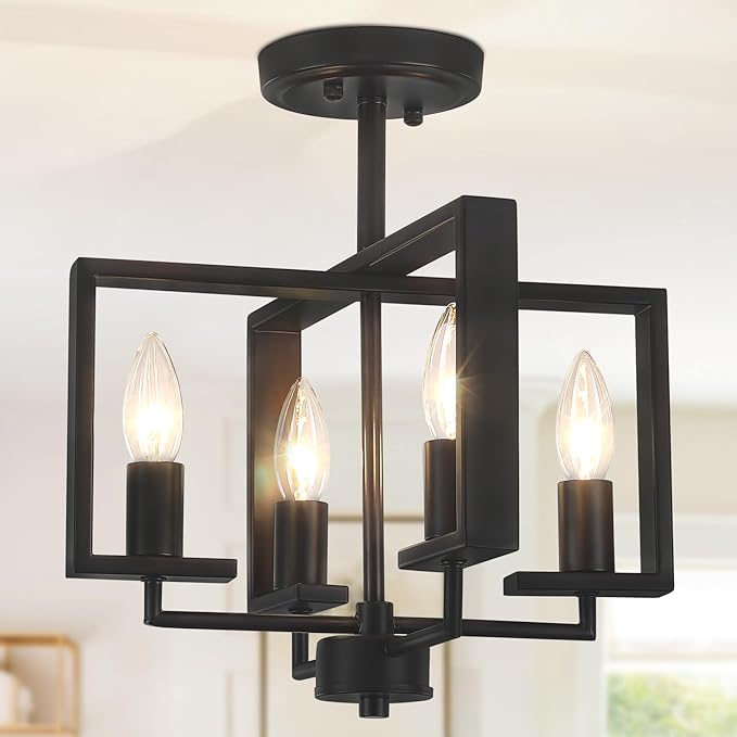 TOULMJ Black Semi Flush Mount Ceiling Light Fixture, 4-Light Farmhouse Hallway Light Fixtures Modern Light Fixture Metal Geometric for Kichen Island Entryway Dining Laundry Room, 12.6 in