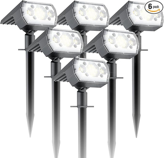 Solar Lights Outdoor Waterproof IP67, 6 Pack 64 LED Outdoor Solar Lights, 3 Lighting Modes Auto On/Off Solar Spot Lights Outdoor for Garden, Yard, Landscape - Cool Daylight