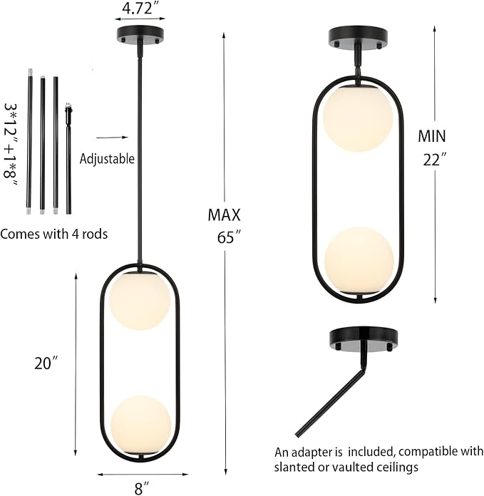 BYOLIIMA 2-Lights Modern Globe Chandelier Mid Century Pendant Light Matte Black Ceiling Hanging Lighting Fixture with White Globe Glass Lampshade for Kitchen Island Dining Room Bedroom
