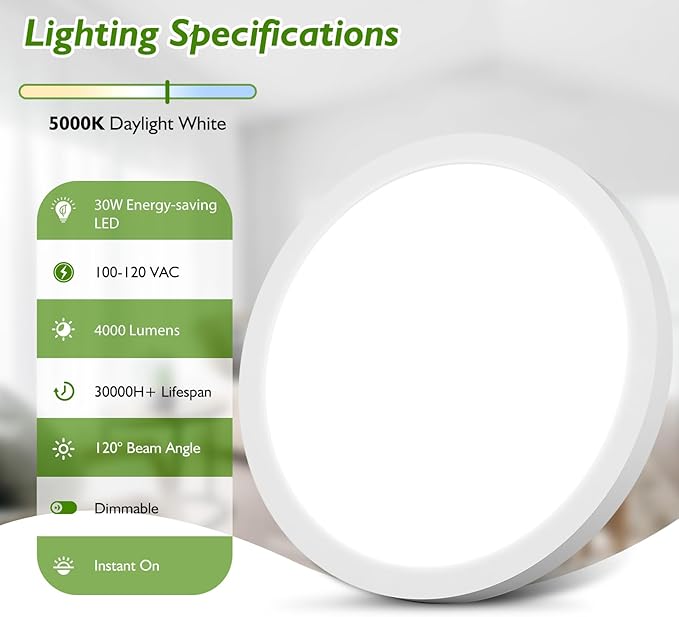 15 Inch Large LED Flush Mount Ceiling Light Fixture, 30W 4000Lm Dimmable Modern Recessed Ceiling Lamp, 5000K Daylight White Super Slim Low Profile Ceiling Light for Kitchen Bedroom Hallway, 1-Pack