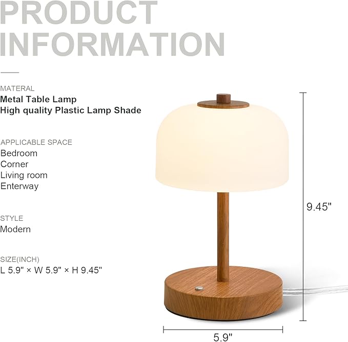 Oneach 9" Touch Control Table Lamp Set of 2, Wood Grain Dimmable LED Bedside Lamp with 3 Color Temperatures, USB A+C, Small Modern Table Lamps for Bedroom Nightstand Living Room