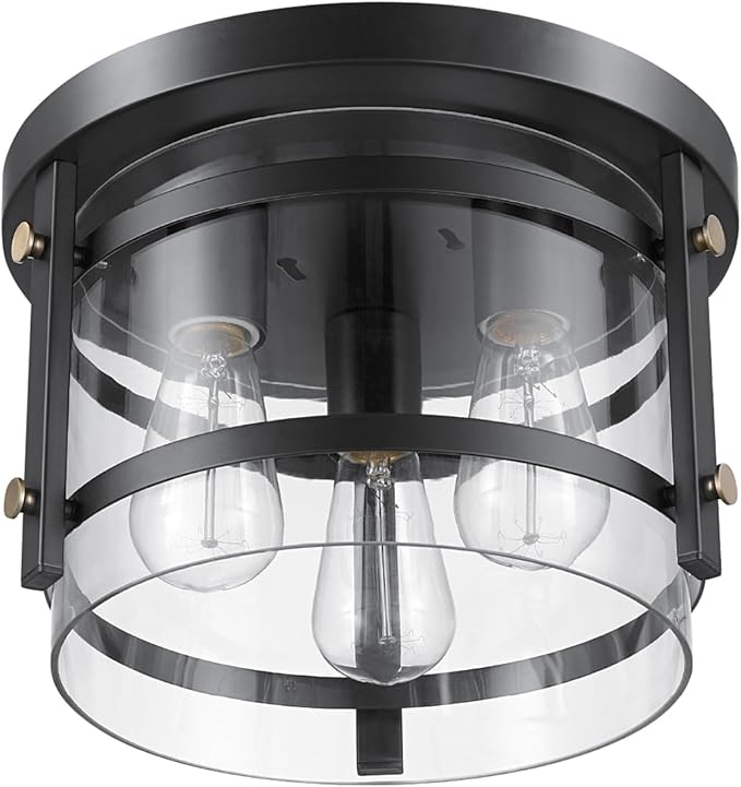 Globe Electric 60417 3-Light Flush Mount Ceiling Fixture, Dark Bronze Finish, Brass Detail, Clear Glass Shade, Modern Lighting for Kitchen, Bedroom, or Dining Room, Rustic, E26 Base