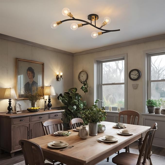 Black and Gold Modern Sputnik Ceiling Light Fixture 5-Lights,Mid Centur Minimalist Semi Flush Mount sputnik Chandelier for Living Room,Dining Room,Bedroom,Hallway,Kitchen(Bulbs Not Included)