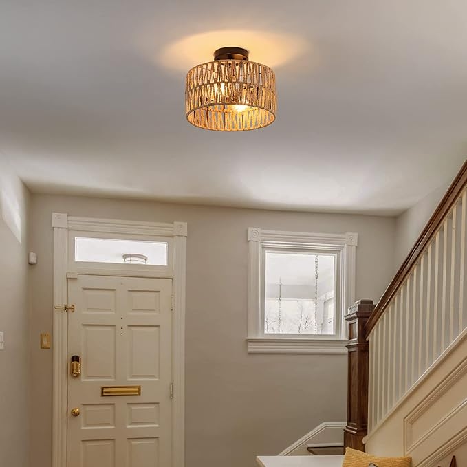 2-Light Coastal Woven Flush Mount Light Fixture Rustic Industrial Hemp Rope Semi Flush Mount Ceiling Light for Hallway Bedroom Kitchen Entryway Farmhouse, Black