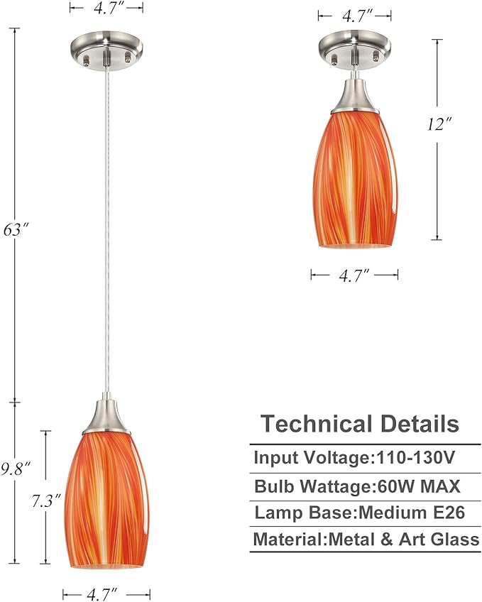 karyfine Art Glass Mini Pendant Lights for Kithen Island Blown Glass Pendant Lighting Shade with Brushed Nickel Finish 3Pack Hanging Pendant Light Kitchen Counter,Dining/Living Room Red Orange