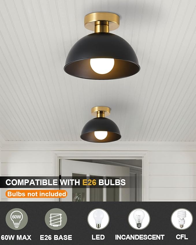 Industrial Semi Flush Mount Ceiling Light with Gold Plate and Matte Black Shade, Farmhouse Ceiling Light Fixture for Kitchen Island Dining Room Foyer Hallway Porch Barn Loft，10in (Black)