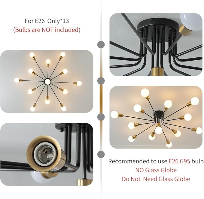 Black and Gold Oversized Semi Flush Mount Ceiling Light Fixture 13-Lights Modern Large Sputnik Chandelier for Office Living Room Bedroom Dining Room Kitchen