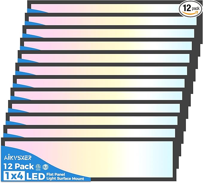AIKVSXER 12PACK 1x4 LED Flat Panel Light Surface Mount LED Ceiling Light, 5500LM 50W TRIAC 10-100% Dimmable, 3000/4000/5000k AC120V Kitchen Lights Ceiling Flush Mount for Garage/Basement Black
