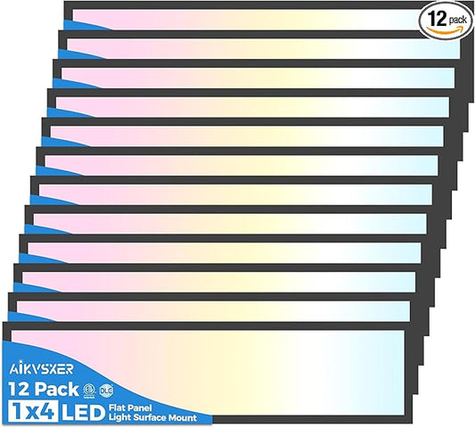 AIKVSXER 12PACK 1x4 LED Flat Panel Light Surface Mount LED Ceiling Light, 5500LM 50W TRIAC 10-100% Dimmable, 3000/4000/5000k AC120V Kitchen Lights Ceiling Flush Mount for Garage/Basement Black