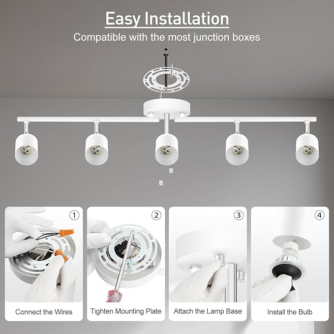 Track Lighting, LED Track Lighting Fixtures Ceiling, White Kitchen Lights for Bedroom, 30" Ceiling Spotlight Kit, 5 Light Wall Light with Rotatable Heads, Kitchen Decor(GU10 Socket, NO Bulb)