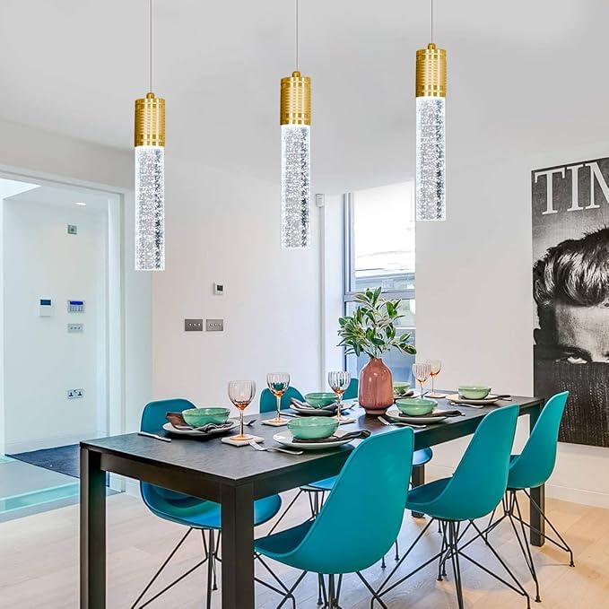 HAIXIANG Set of 3 Pendant Lights for Kitchen Island, White Light, Gold Crystal Linear Pendant Lighting, Bar Corner LED Light Fixtures Glam Drop Light