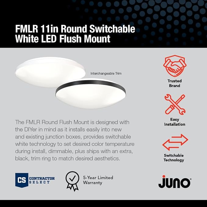 Juno 11 Inch Round LED Flush Mount Ceiling Light, Low Profile Modern Ceiling Light Fixture, Selectable 2700K/3000K/3500K/4000K/5000K Color Temperature, Dimmable, White (FMLR 11IN SWW5 90CRI WBT M4)