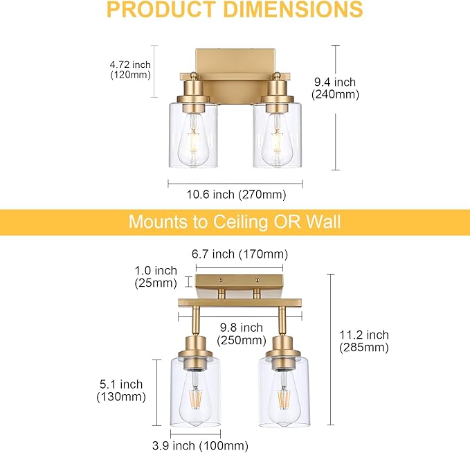 2-Light Track Lighting Fixtures Gold Finish, Multi-Directional Rotating Ceiling Tracking Lights with Clear Glass, Modern Bathroom Wall Vanity Lights Track Lighting Kits for Kitchen Accent Shop