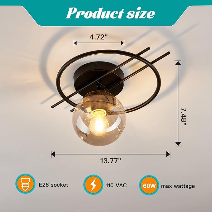 Matte black & gold finish Semi Flush Mount Ceiling Light Fixture Mid Century Modern Chandelier with Glass Globe Small Indoor Lighting for Kitchen Hallway Bathroom Bedroom Closet Farmhouse Proch.