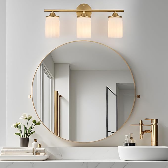 Jonsi Gold Bathroom Light Fixtures 3-Light Vanity Lights Modern Wall Sconce with Milk White Shade Brushed Brass Bathroom Light Fixture Over Mirror for Bedroom Hallway Kitchen