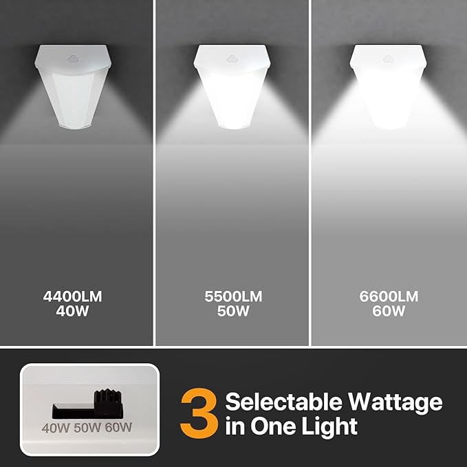 4ft LED Wraparound Light, 60W/50W/40W Selectable LED Light, 6600LM 5000K Daylight, Linkable Hardwired Linear Ceiling Fixture for Garage Workshop Office, ETL Listed,2 Pack