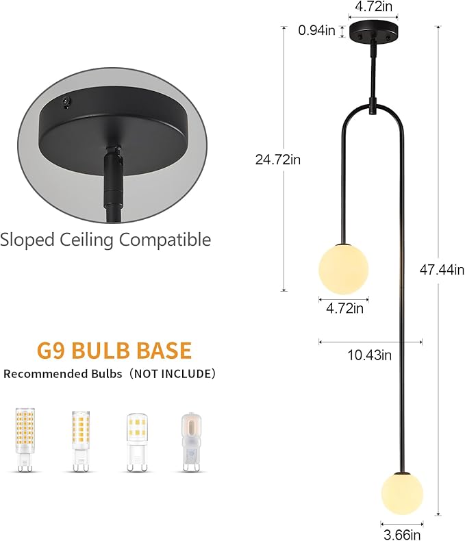 Modern Milk Glass Pendant Light 2 Light Mid Century Chandelier Small Glass Globe Black Pendant Lights for Kitchen Island Bedroom Dining (Metal Tube Removable, 2 Pack)