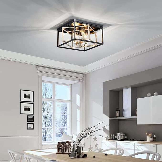 AGV LIGHTING CL035G Modern Flush Mount Ceiling Light Fixture, Close to Ceiling Light, E12 Base 3-Lights, L12 x W12 x H7, Matte Black & Shine Gold Finish