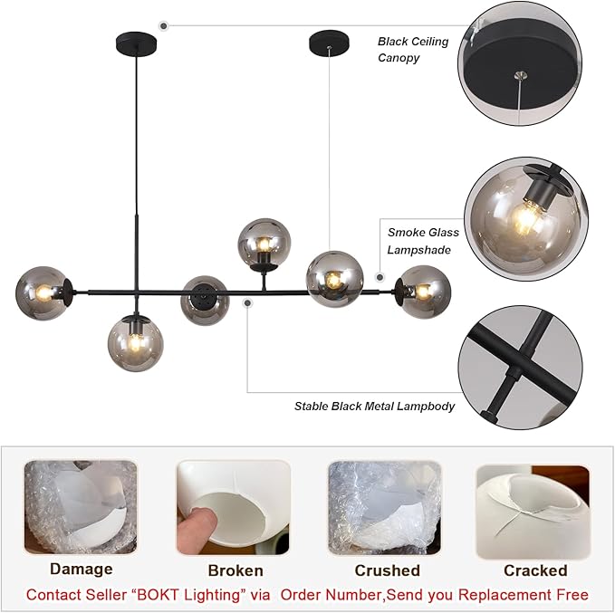 BOKT Mid Century Modern Globe Linear Chandelier Pendant Light Fixture Black Smoke Gray Glass Kitchen Island Pendant Light Dining Room Ceiling Hanging Lamp