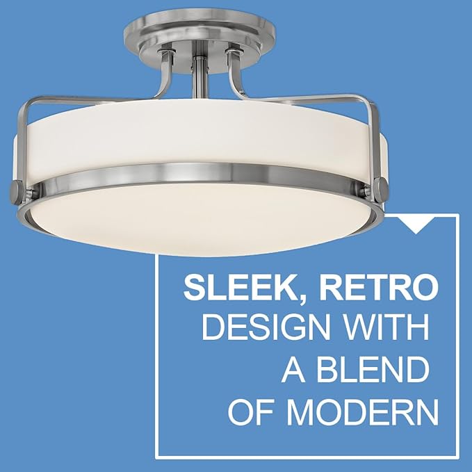 Hinkley Harper 3643BN Large Semi-Flush Ceiling Light, Sleek, Retro Style, Brushed Nickel and Etched Opal Glass