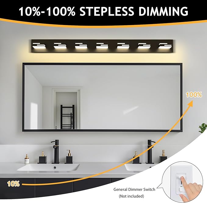 LED Modern Bathroom Vanity Light Fixtures 7-Light 48-inch 5CCT Dimmable Matte Black Vanity Lights for Bathroom Lighting Fixtures Over Mirror, with 360° Rotatable Acrylic Heads